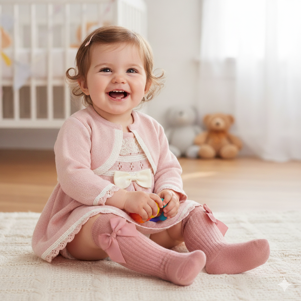 Ein wunderschönes rosa Strickkleid mit kurzem Bolero und eleganter Satinschleife